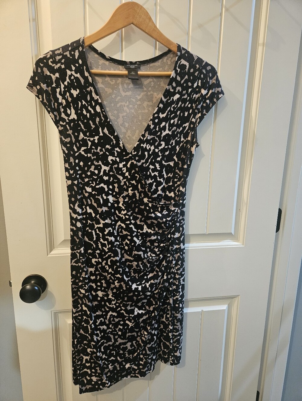 Black and Cream Cap Sleeve Faux-Wrap Dress Leopard Print